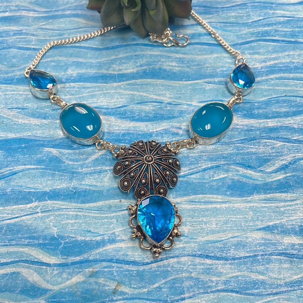 Blue Topaz & Chalcedony Silver Necklace